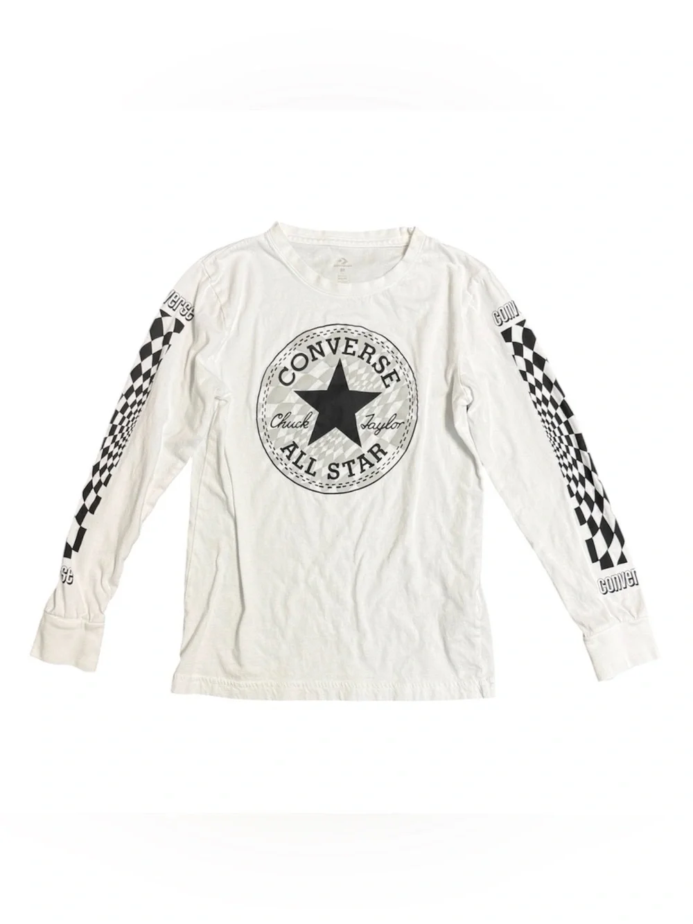 Converse White Long Sleeve All Star Checkerboard Sleeve Tee size medium 10-12